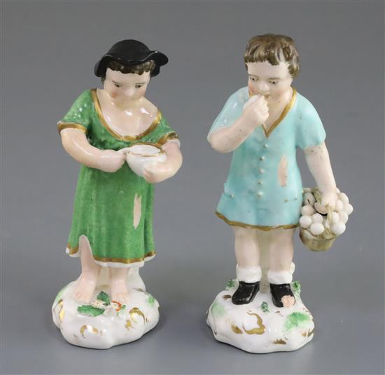 A pair of Rockingham porcelain figures of a beggar boy and girl, c.1830, h. 12.5cm